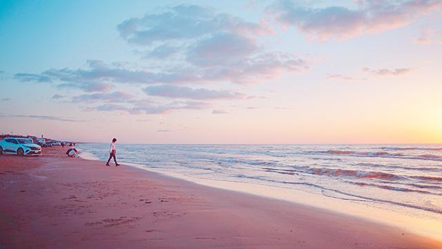 沈む夕日の下、波打ち際にたたずんでいる人の写真