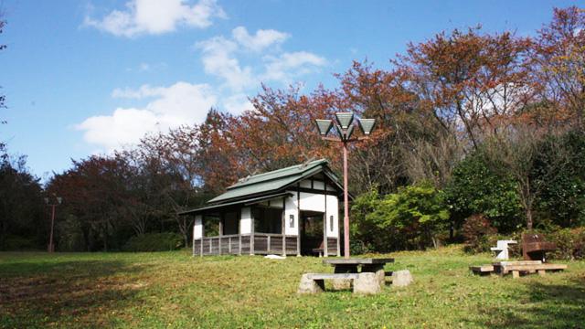 木立を背に、小さな和風の建物が立っている写真