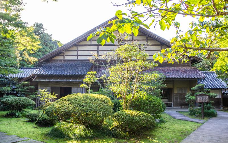 石畳や手入れされた草木の庭とその奥に建っている木造住宅の写真