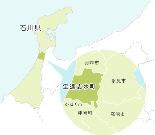 宝達志水町の地図。宝達志水町は、石川県の中央に位置している。