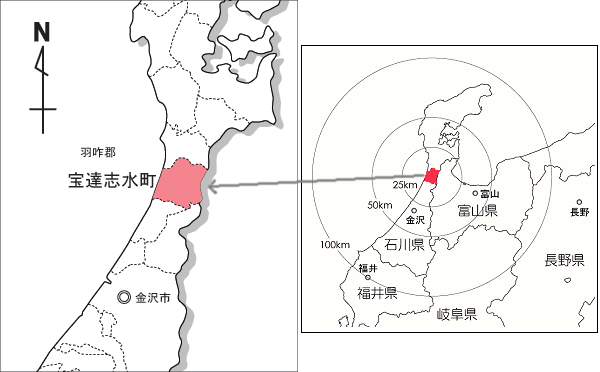 石川県内での宝達志水町の位置を表示する石川県周辺が拡大された日本地図
