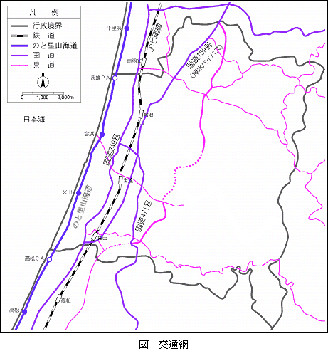 宝達志水町周辺の主要交通網が書かれた広域交通網図
