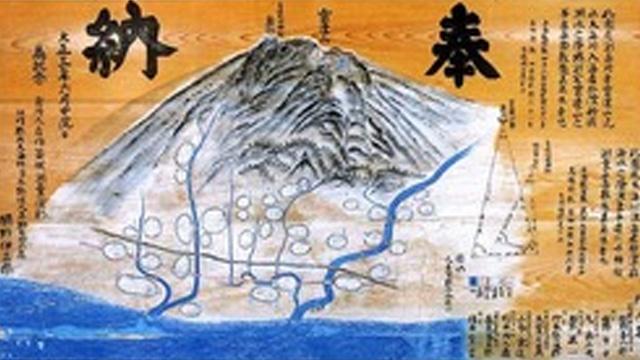 海と宝達山が板額に描かれ奉納された実測図の写真