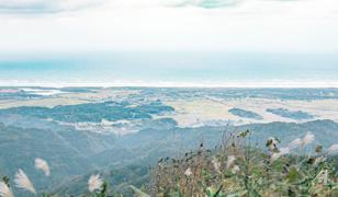 山の草を収めつつふもとの景色を写した写真