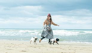 波打ち際で2匹の犬と走っている女性の写真(宝達志水町のサイト 千里浜なぎさドライブウェイへのリンク)