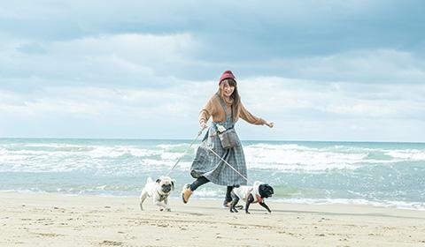 波打ち際で2匹の犬と走っている女性の写真