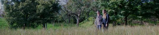 木々に囲まれた草むらを歩いている2人の写真( 志乎・桜の里古墳公園へのリンク)
