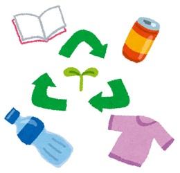 本、空き缶、ペットボトル、衣類のイラストの内側にリサイクルマークのような緑の矢印と双葉が描かれたイラスト